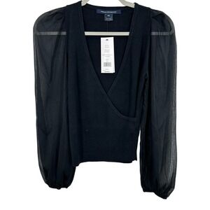 French Connection Black Wrap V Neck Sheer Puff Sleeve Knit Sweater XS NWT